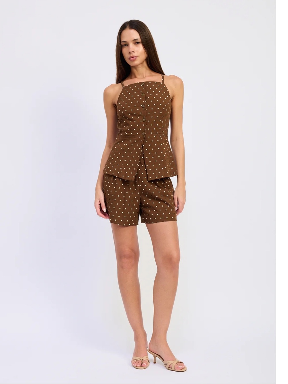 en saison stella brown & white polka dot vest top + high waist shorts set small